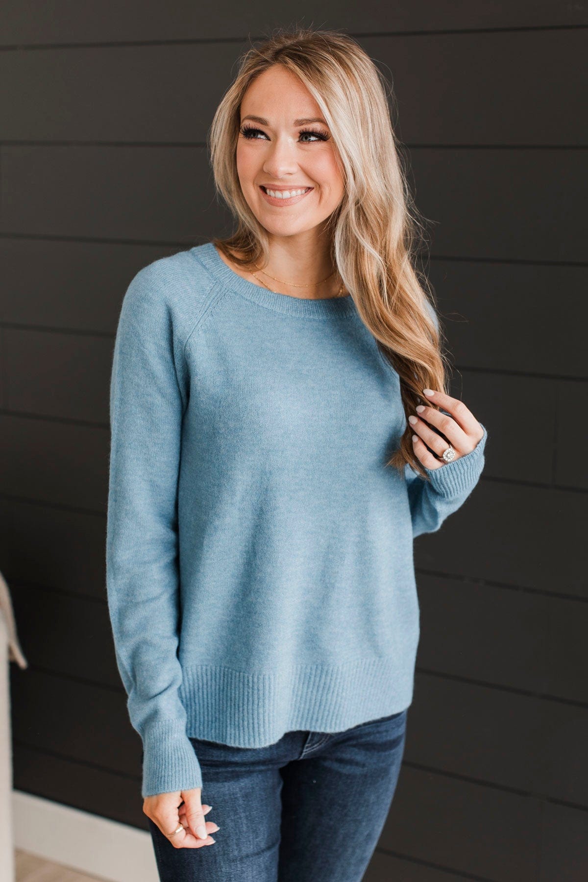 No Regrets Brushed Knit Sweater- Denim Blue – The Pulse Boutique