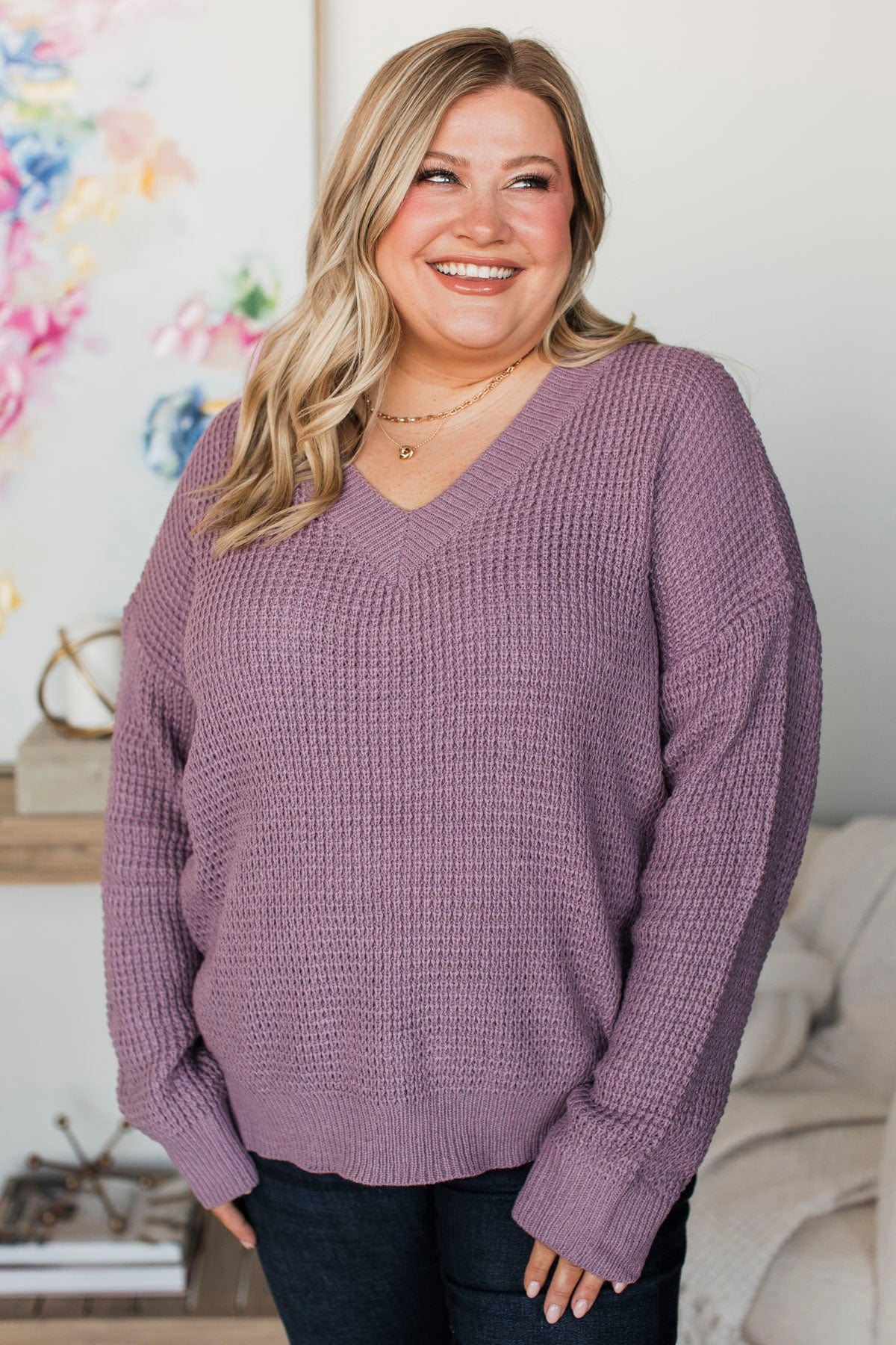 Dusty Purple Waffle Knit store V-Neck Oversized Pullover Sweater