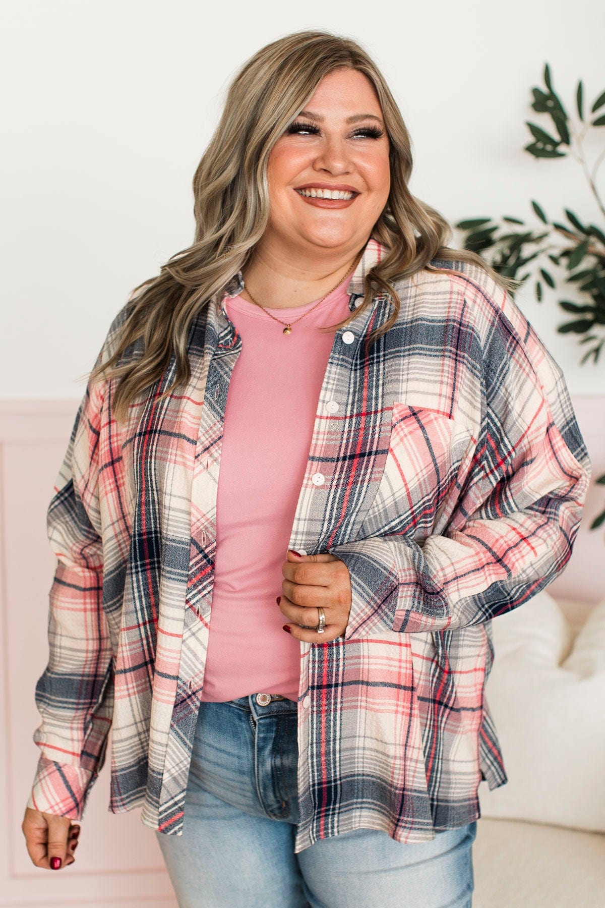 pink plaid shirt plus size