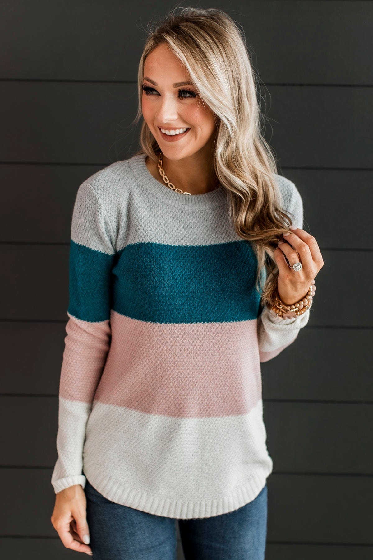 All About Spring Color Block Knit Sweater- Teal & Peach – The Pulse ...