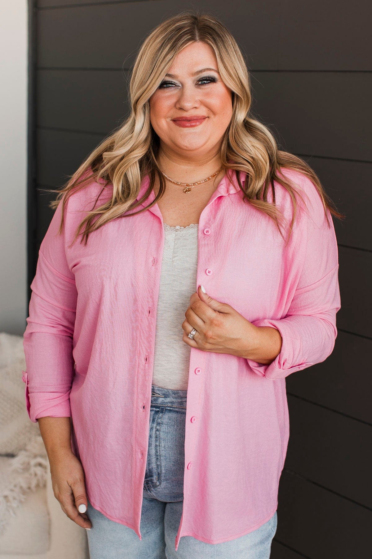 Always Interesting Button Up Top- Pink