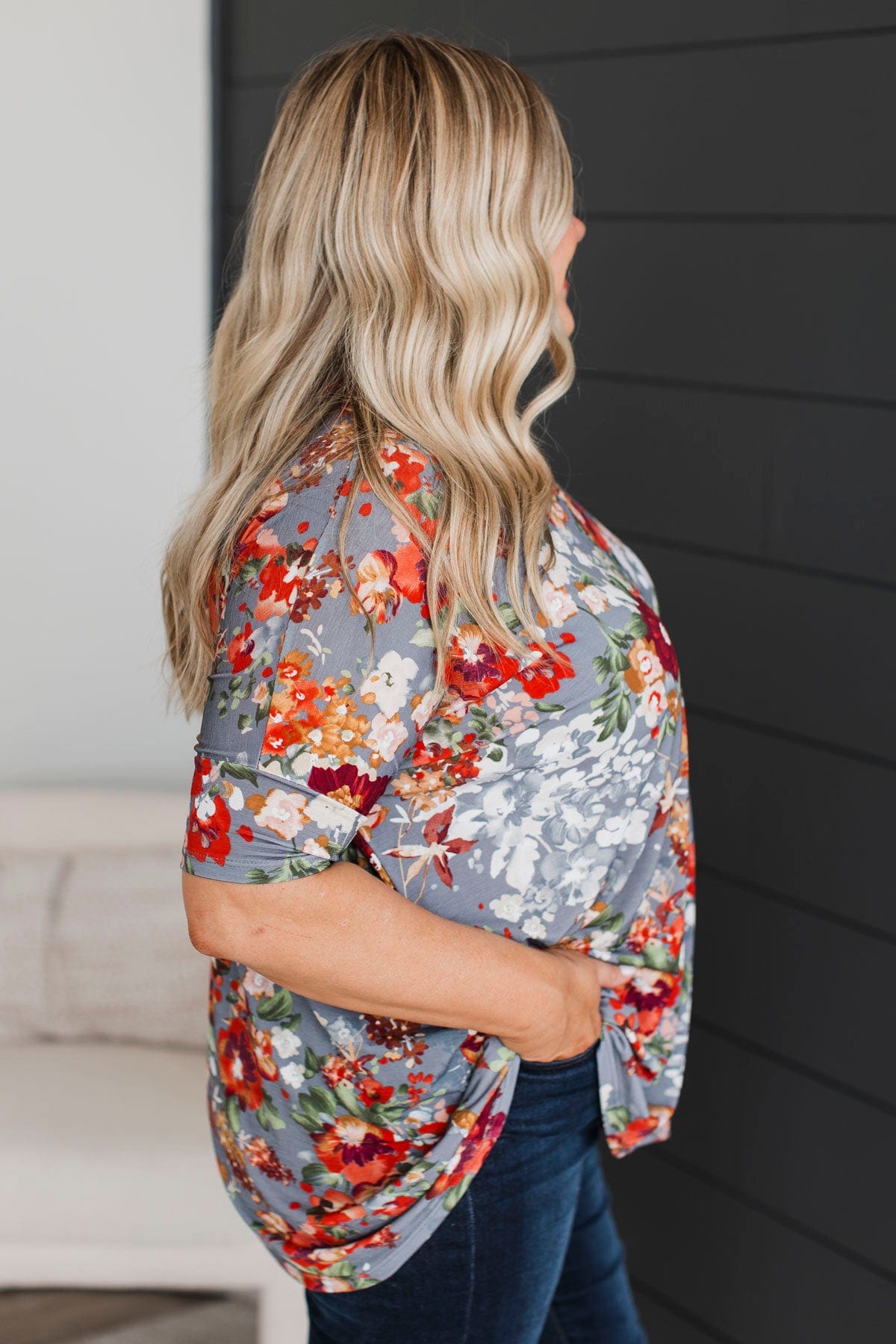 Main Priority V-Neck Floral Top- Grey