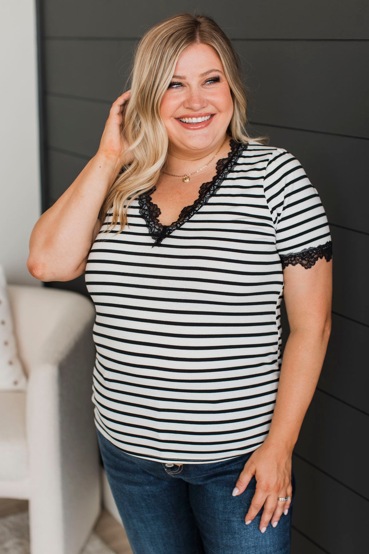 Just The Sweetest Striped Lace Top- Black & White