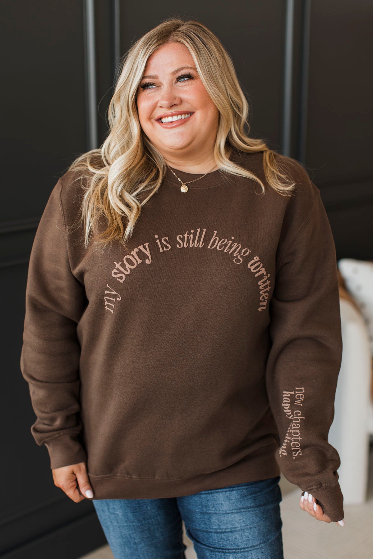 "Still Being Written" Crew Neck Pullover- Brown