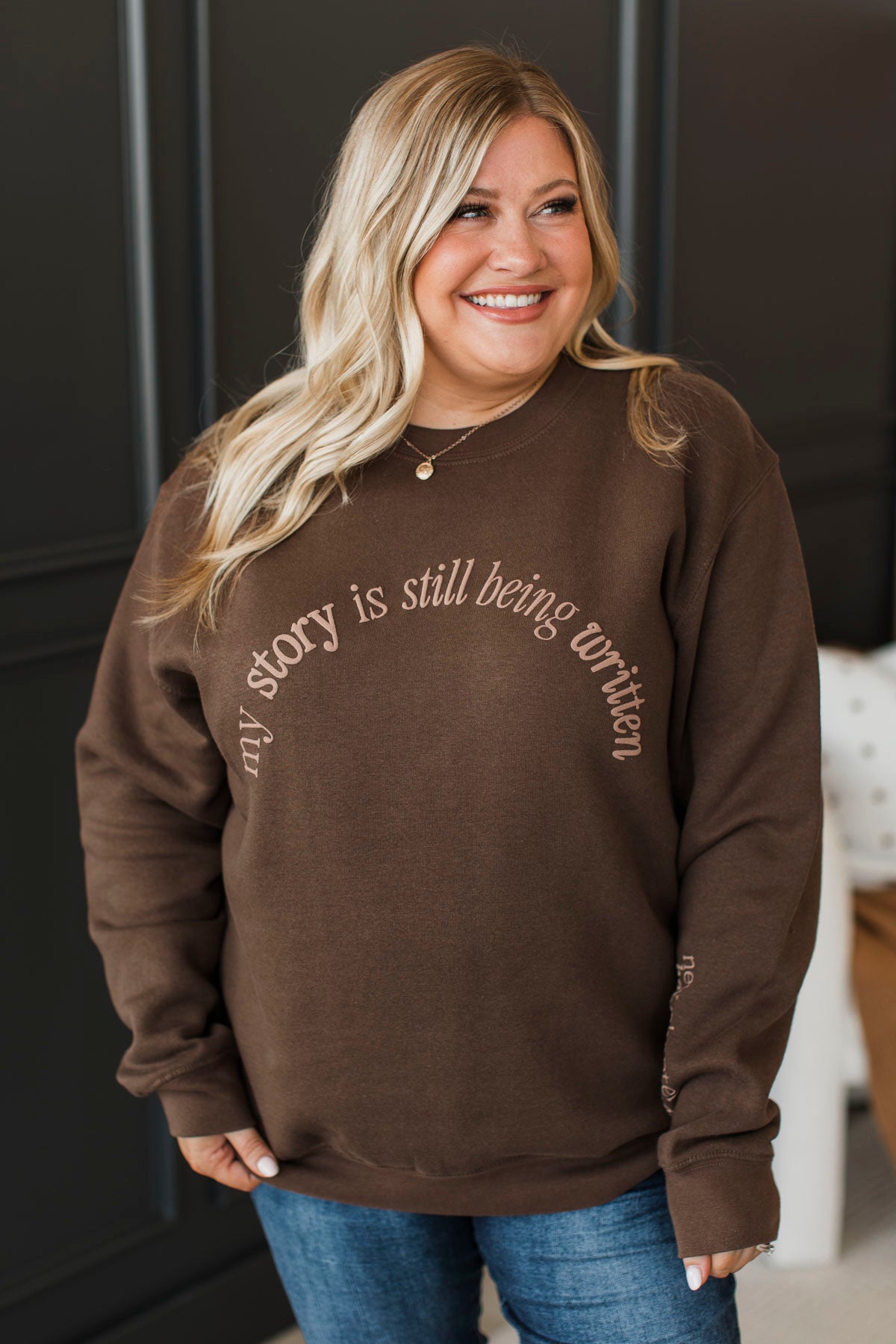 "Still Being Written" Crew Neck Pullover- Brown