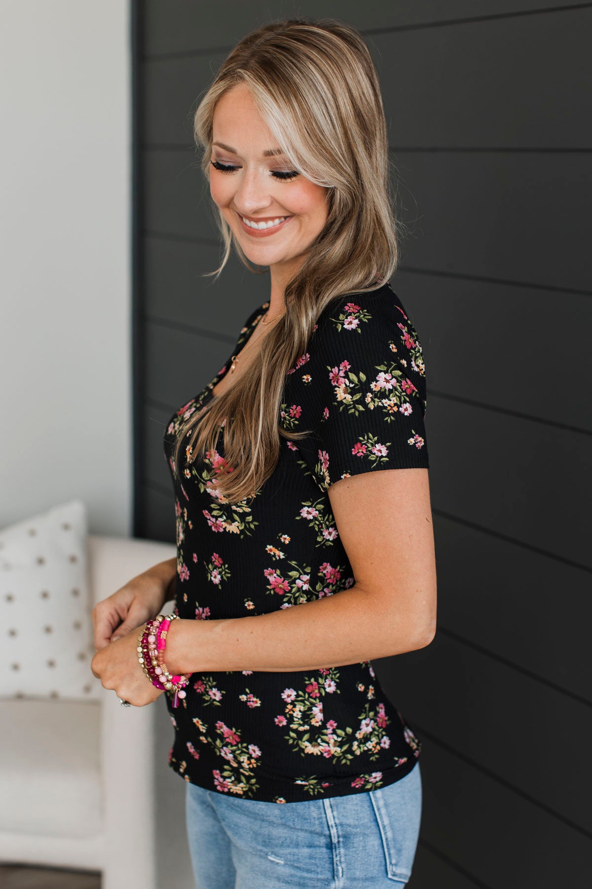 Got Me Good Short Sleeve Floral Top- Black