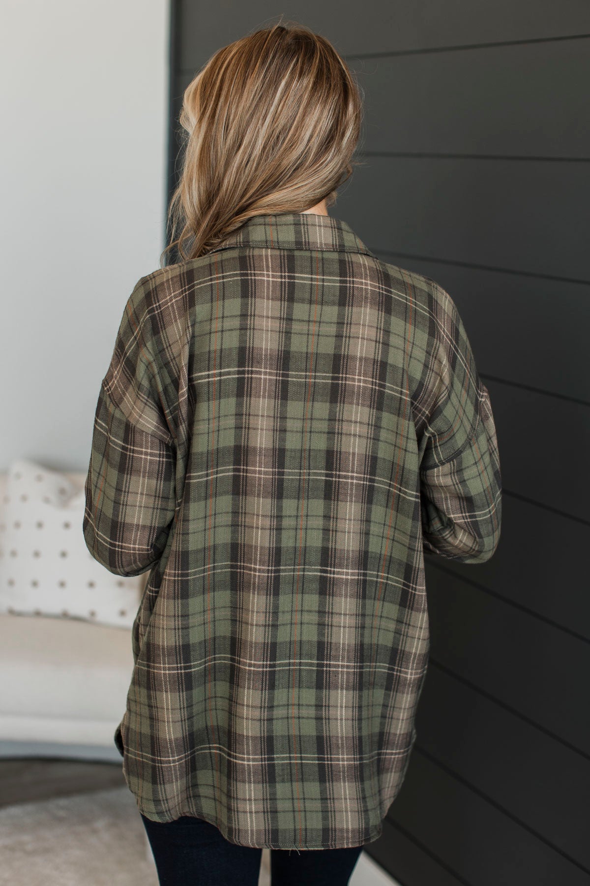 Can't Help It Plaid Button Top- Dusty Olive