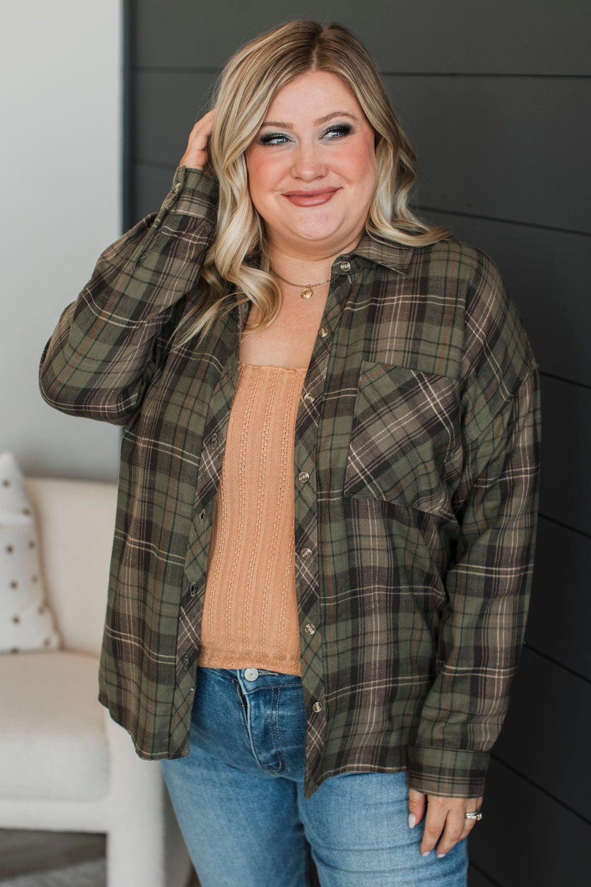 Can't Help It Plaid Button Top- Dusty Olive