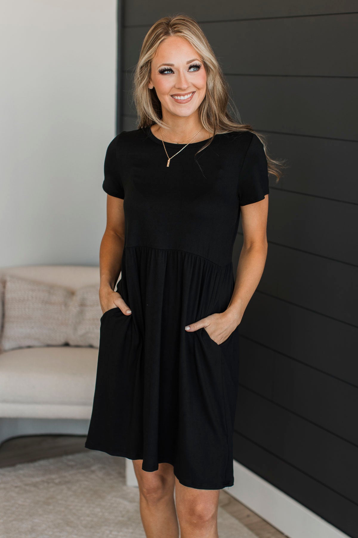 Calls For A Celebration Short Sleeve Dress- Black