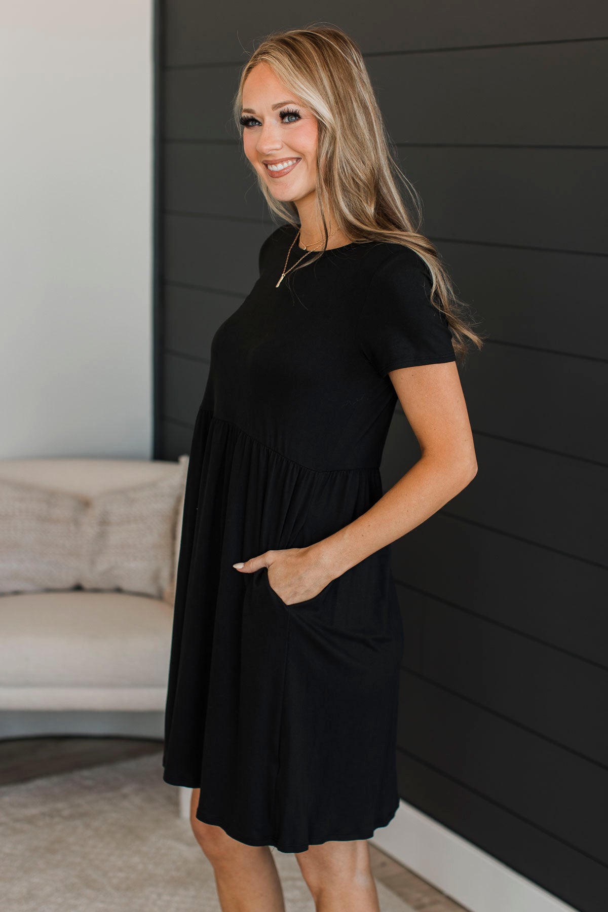 Calls For A Celebration Short Sleeve Dress- Black