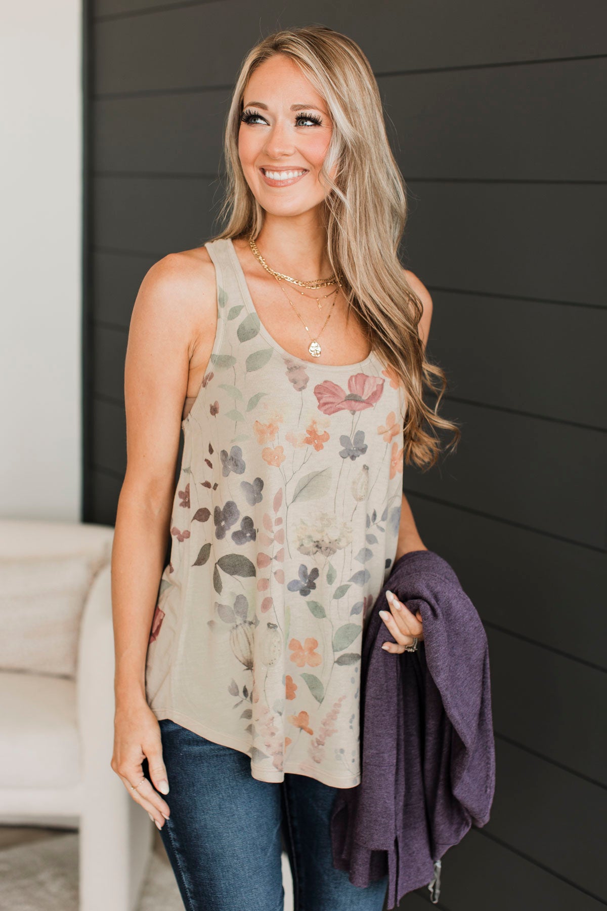 Forever In Bloom Floral Tank Top- Taupe