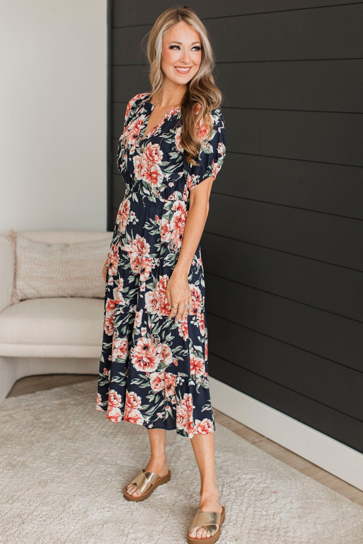 All I'm looking For Floral Midi Dress- Dark Navy