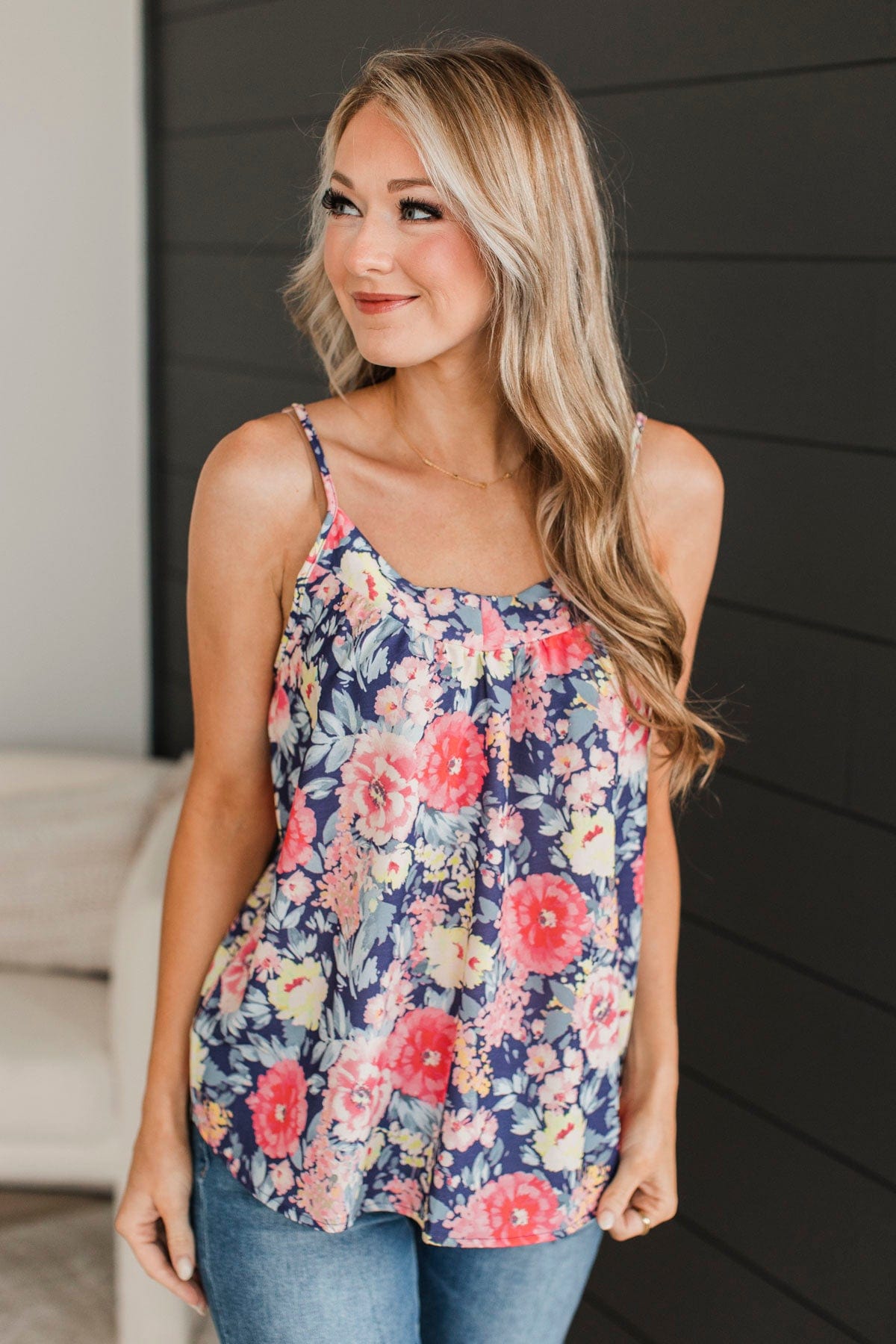 Ready For The Future Floral Tank Top- Navy & Pink