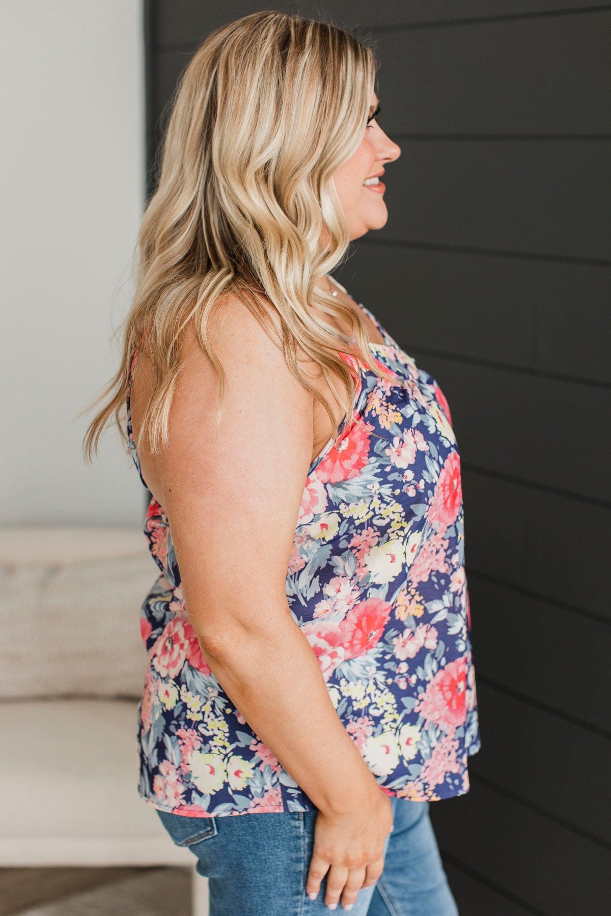 Ready For The Future Floral Tank Top- Navy & Pink