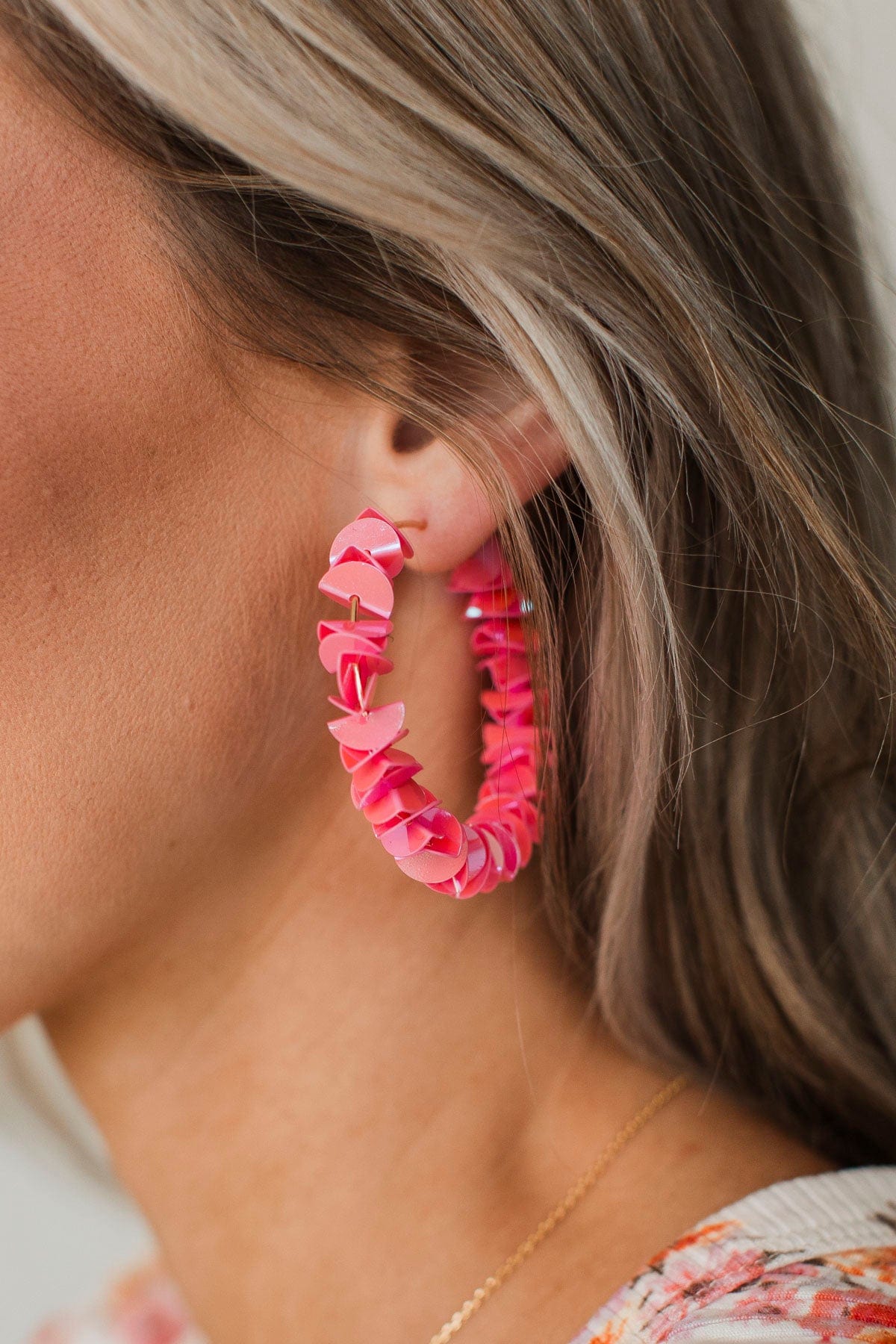 Modern Elegance Sequin Hoop Earrings- Pink