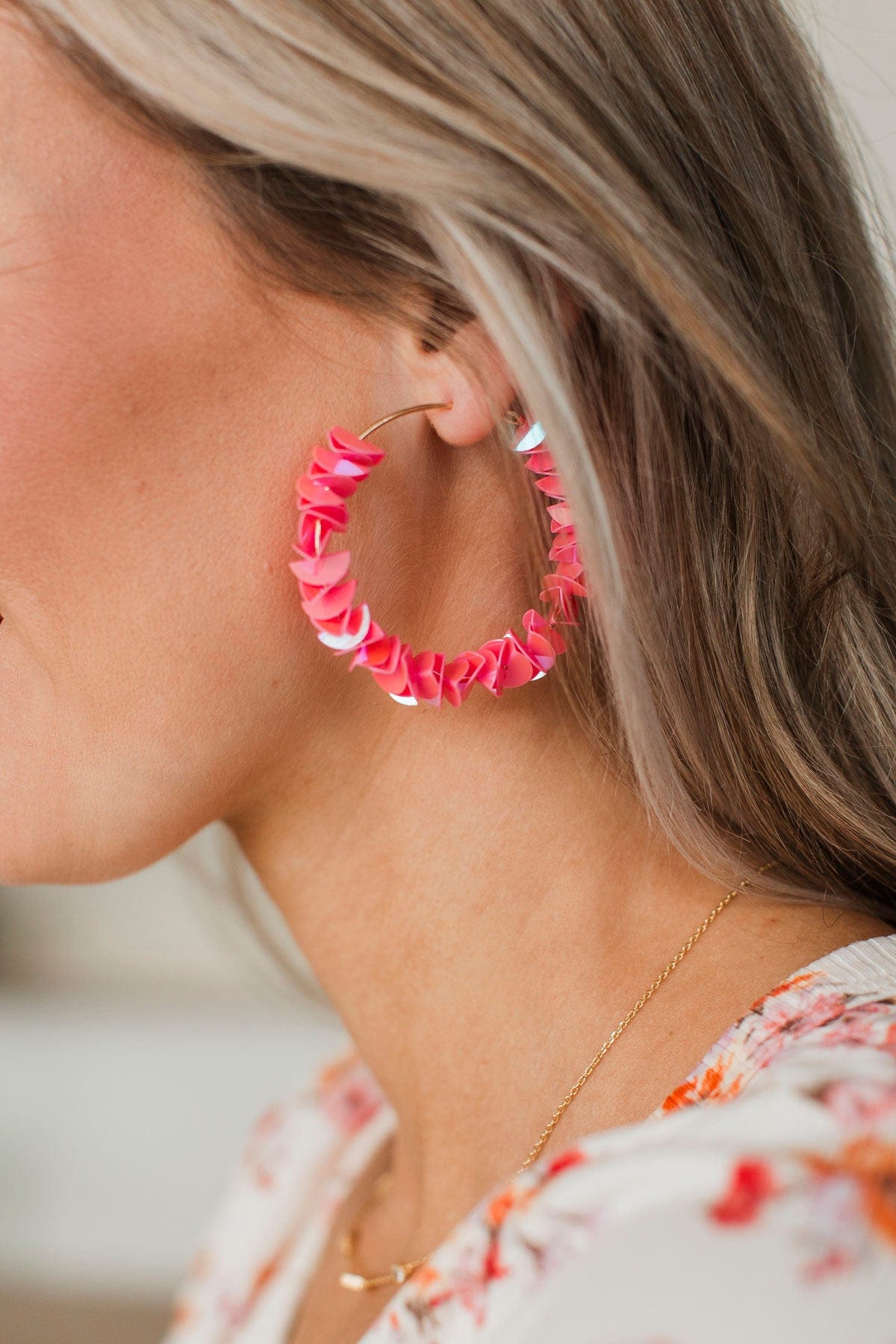 Modern Elegance Sequin Hoop Earrings- Pink