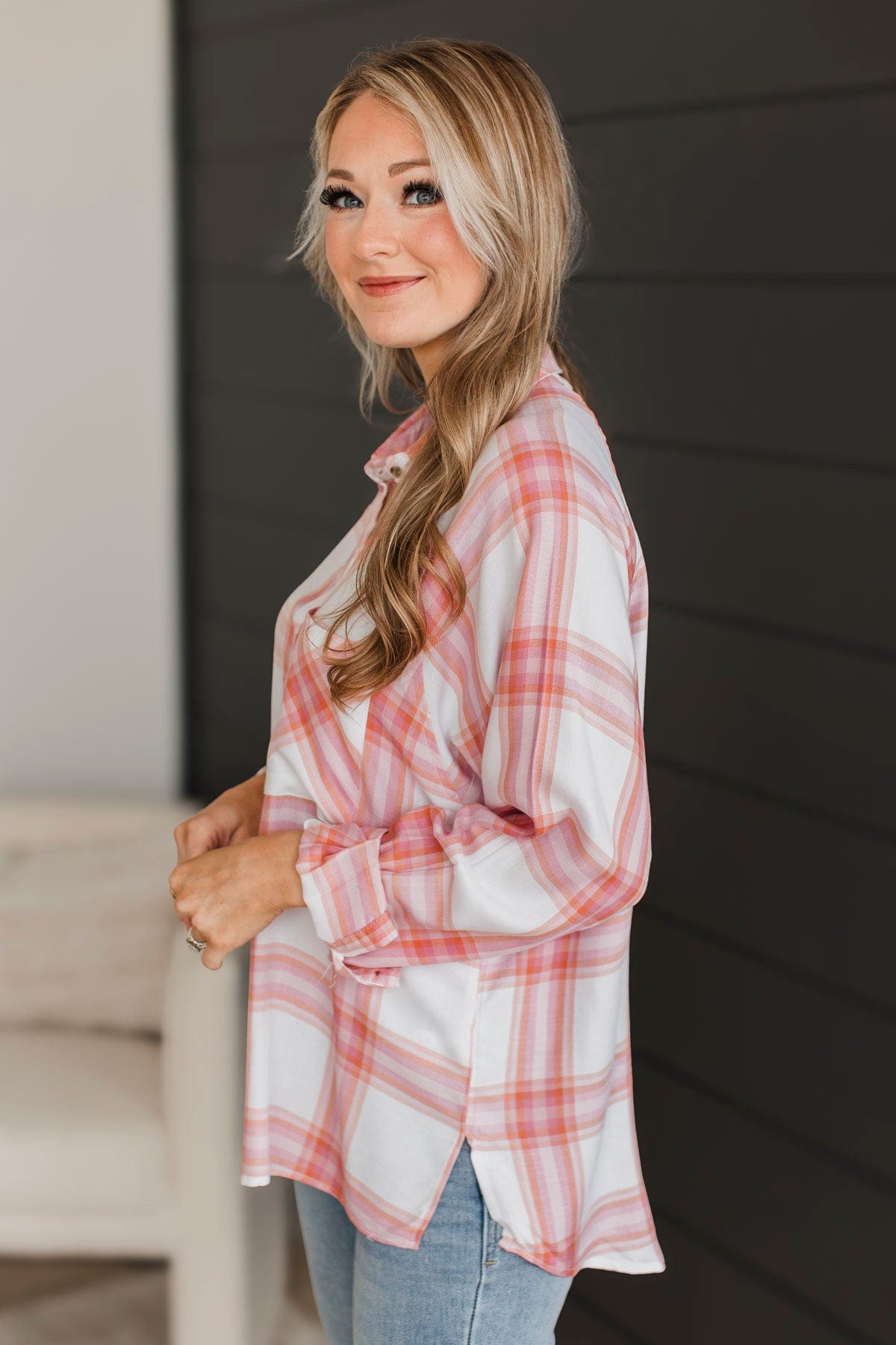 Going The Distance Plaid Top- Ivory & Pink