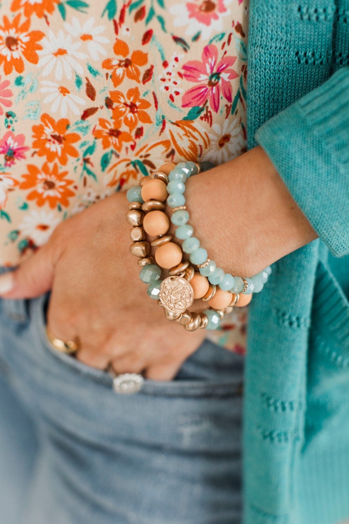 Always Fancy Beaded Bracelet Set- Peach & Blue