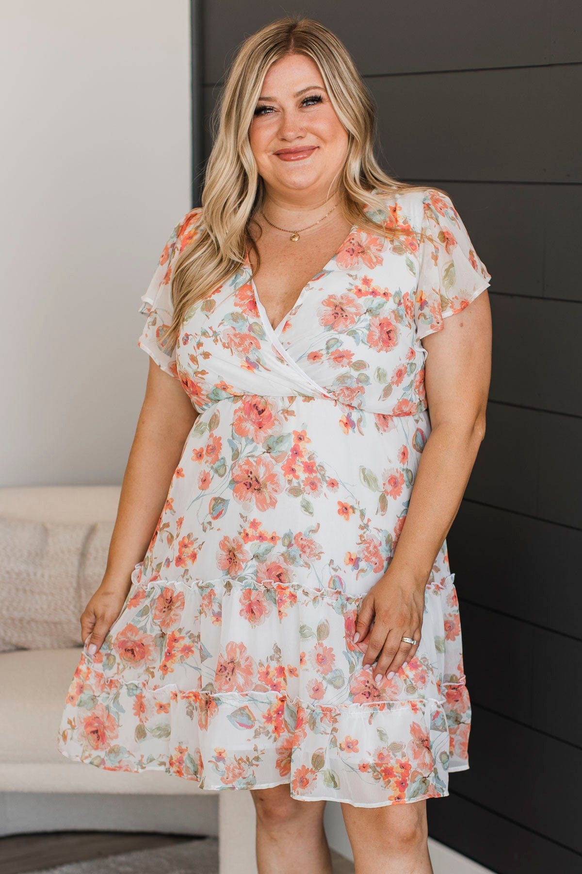 Down Memory Lane Floral Dress- Ivory & Coral