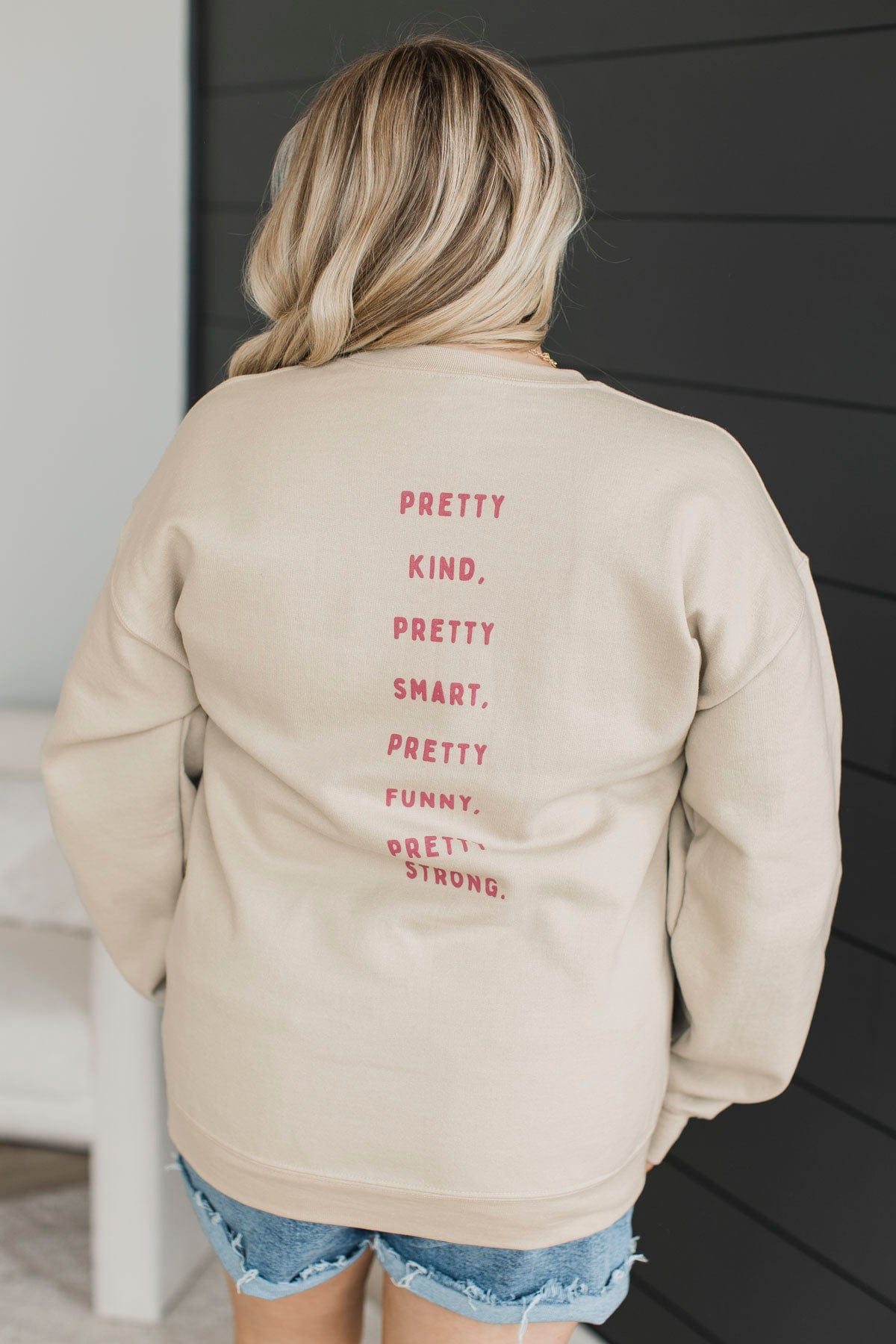 "Aim To Be Pretty" Crew Neck Pullover- Sand