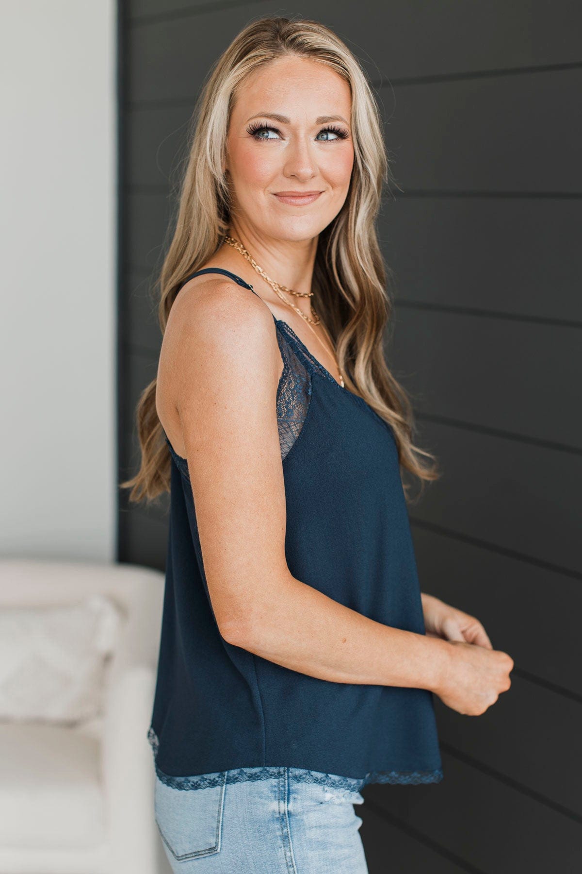 In My Heart Lace Trimmed Tank Top- Navy