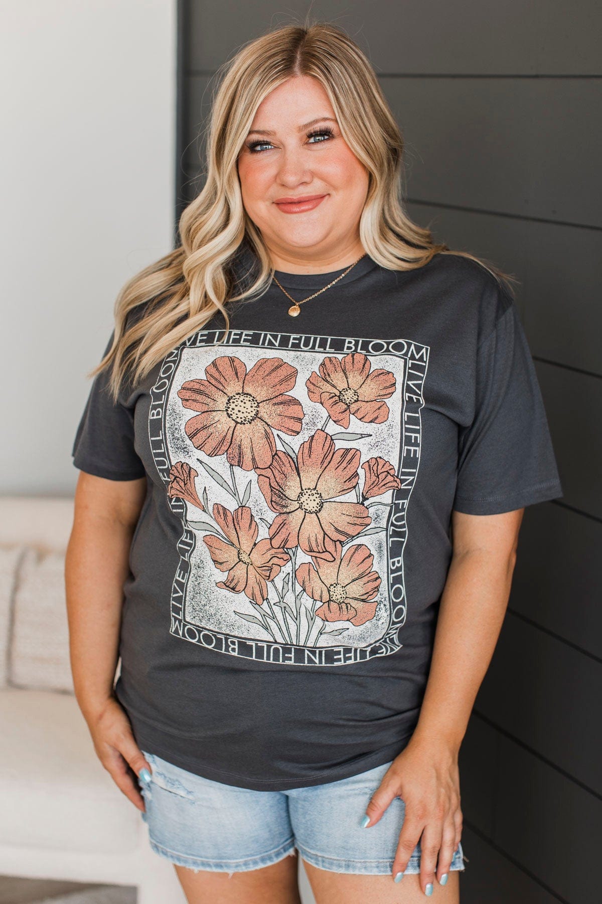 "Live Life In Full Bloom" Floral Graphic Tee- Charcoal