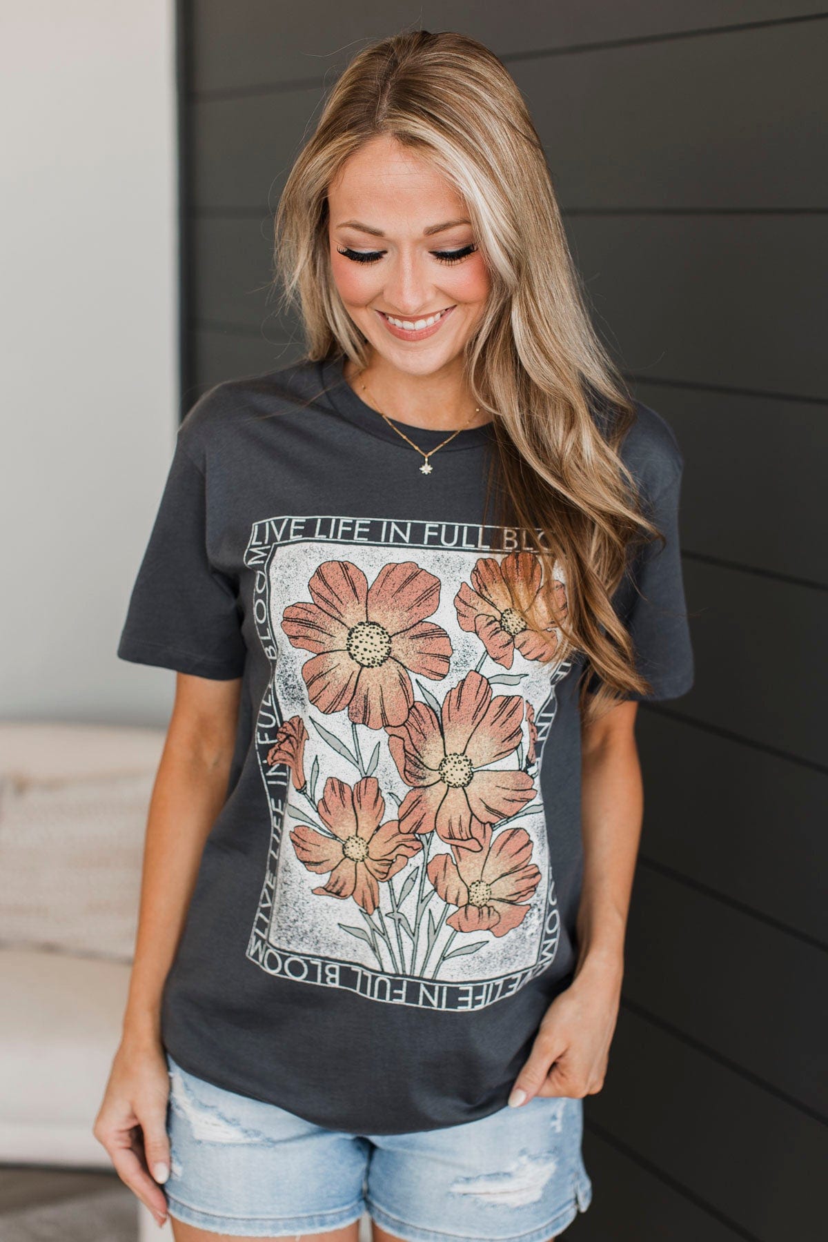 "Live Life In Full Bloom" Floral Graphic Tee- Charcoal