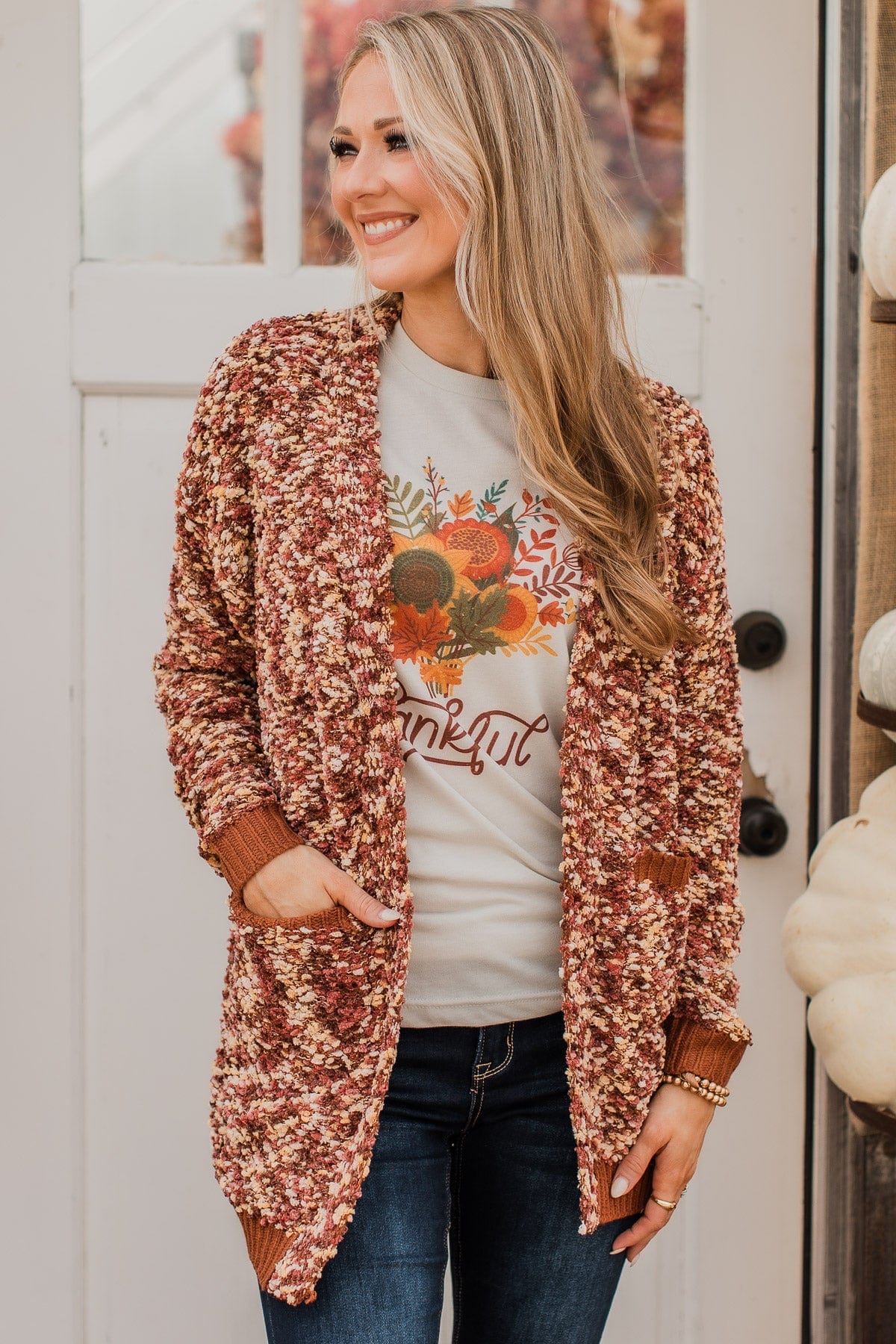 Love Remains Popcorn Knit Cardigan- Rust