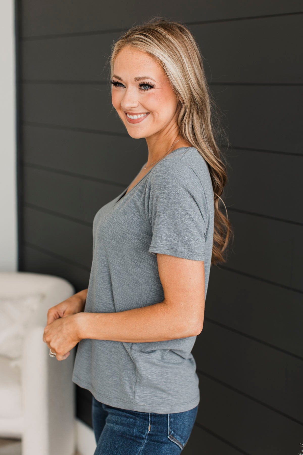 Work With You V-Neck Top- Grey