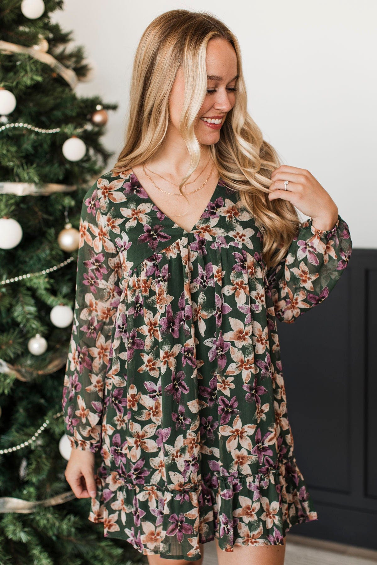 Positively Perfect Floral Print Dress- Hunter Green