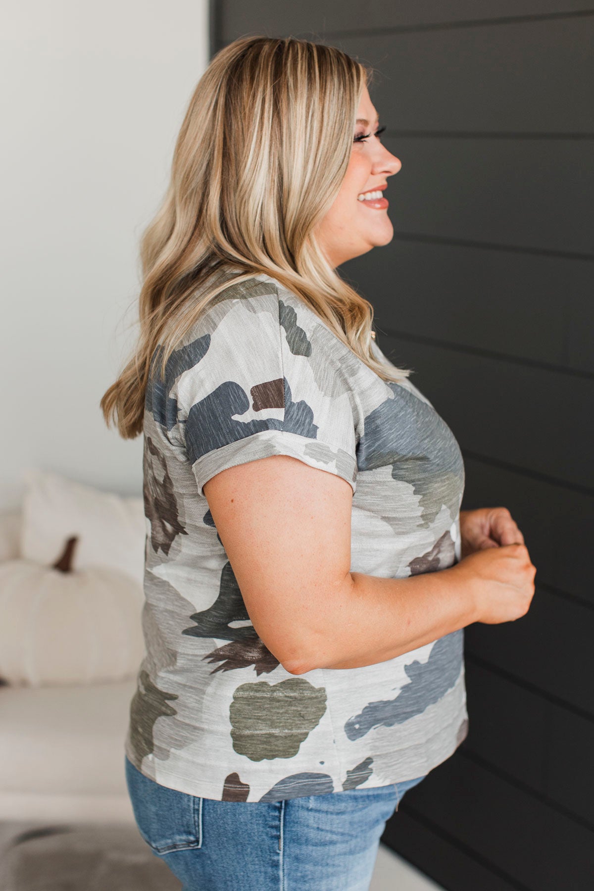 Spotted In Camo Short Sleeve Top- Grey