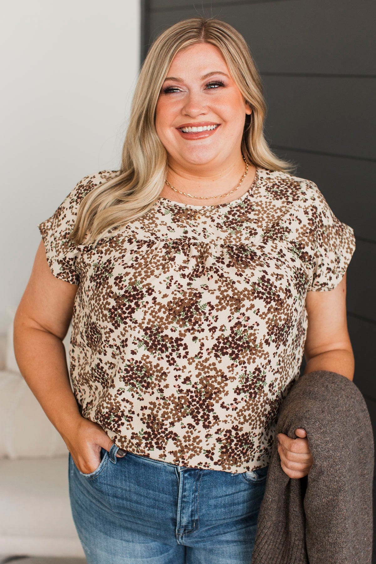 Finest Hour Short Sleeve Floral Top- Beige