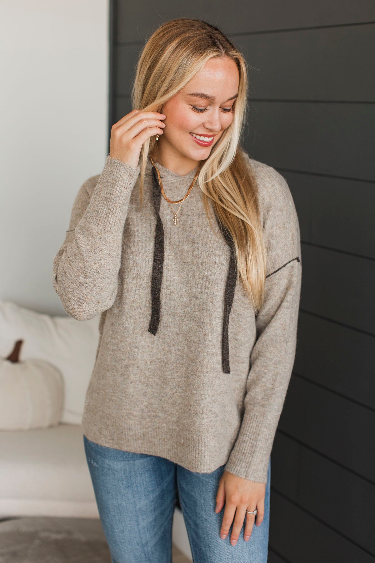 With Gratitude Knit Hooded Sweater- Mushroom