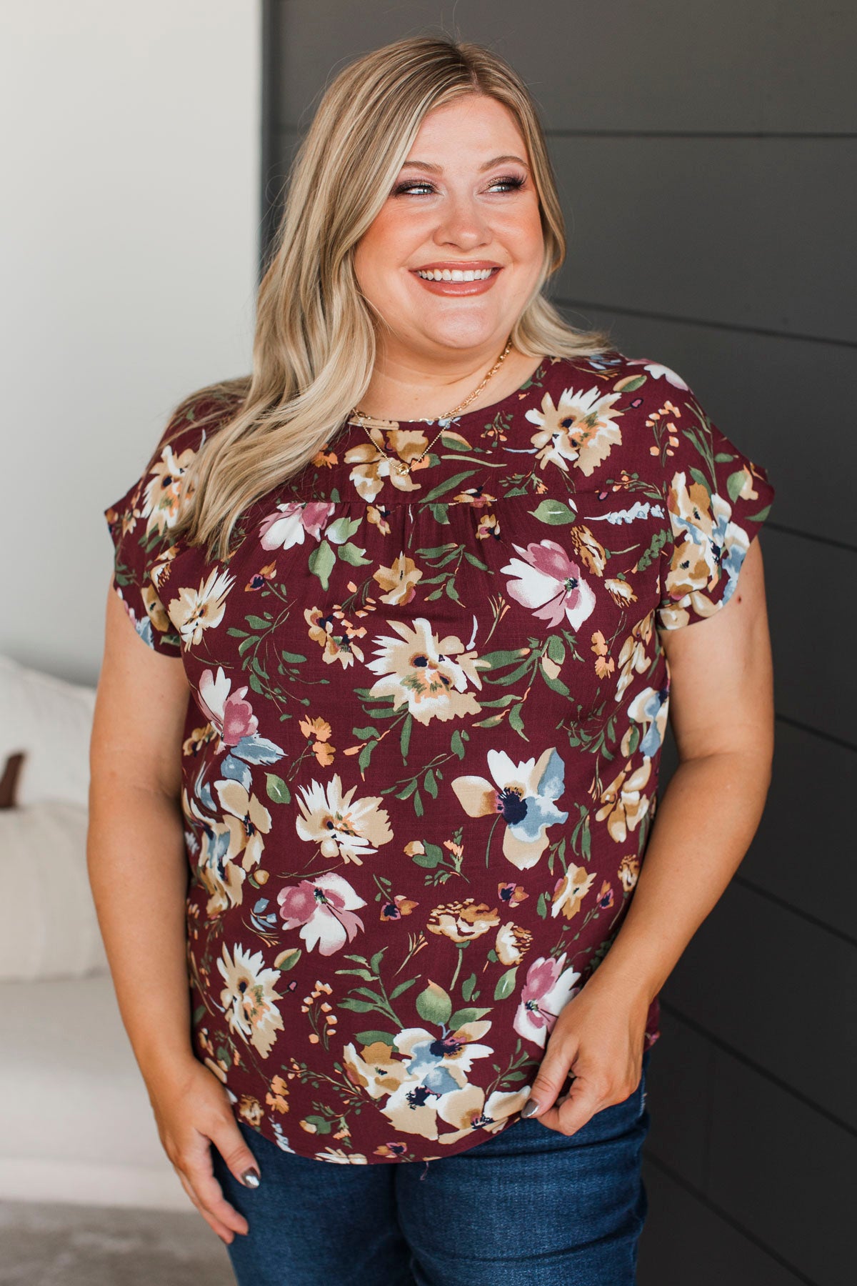 Simply Precious Floral Print Top- Burgundy