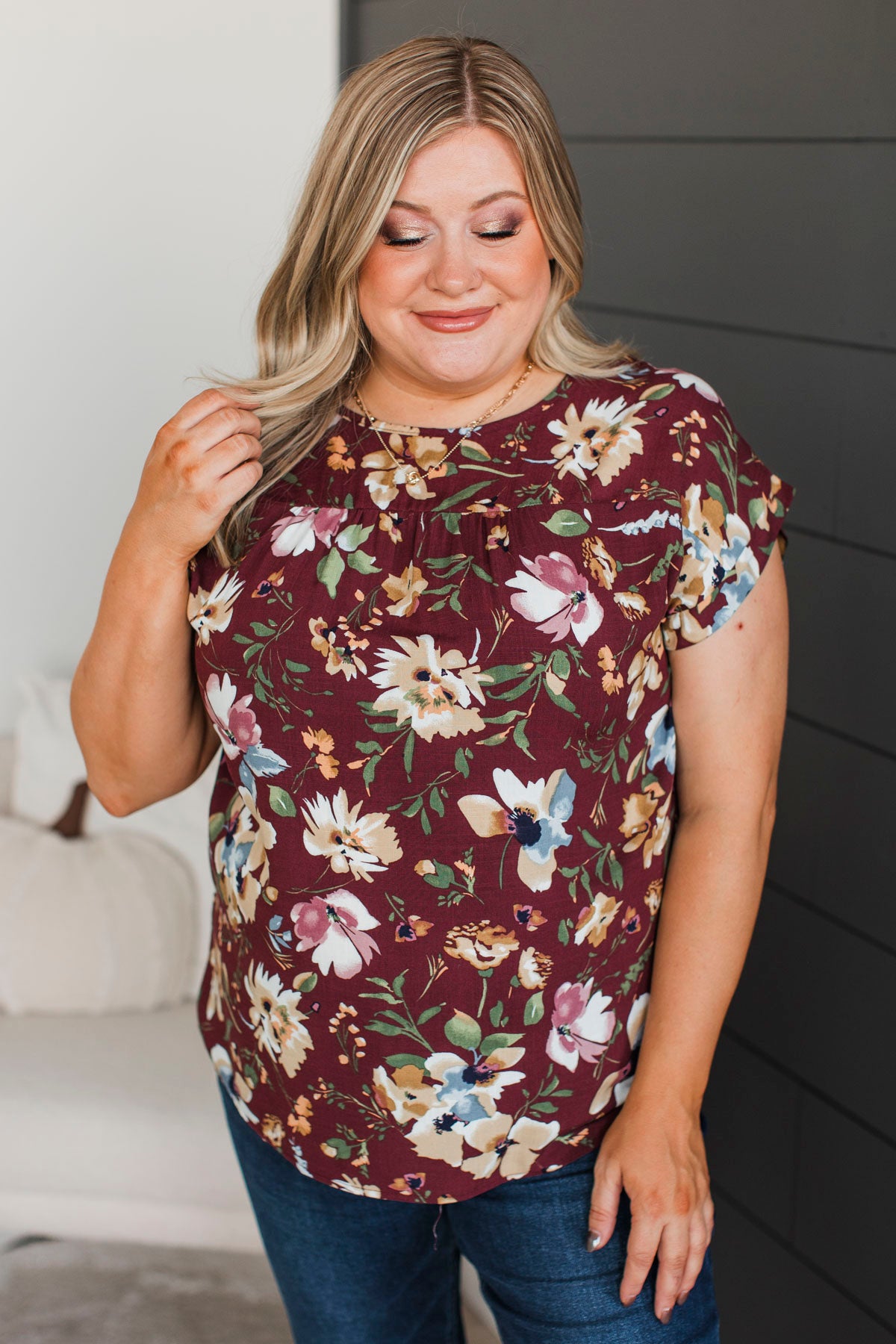 Simply Precious Floral Print Top- Burgundy