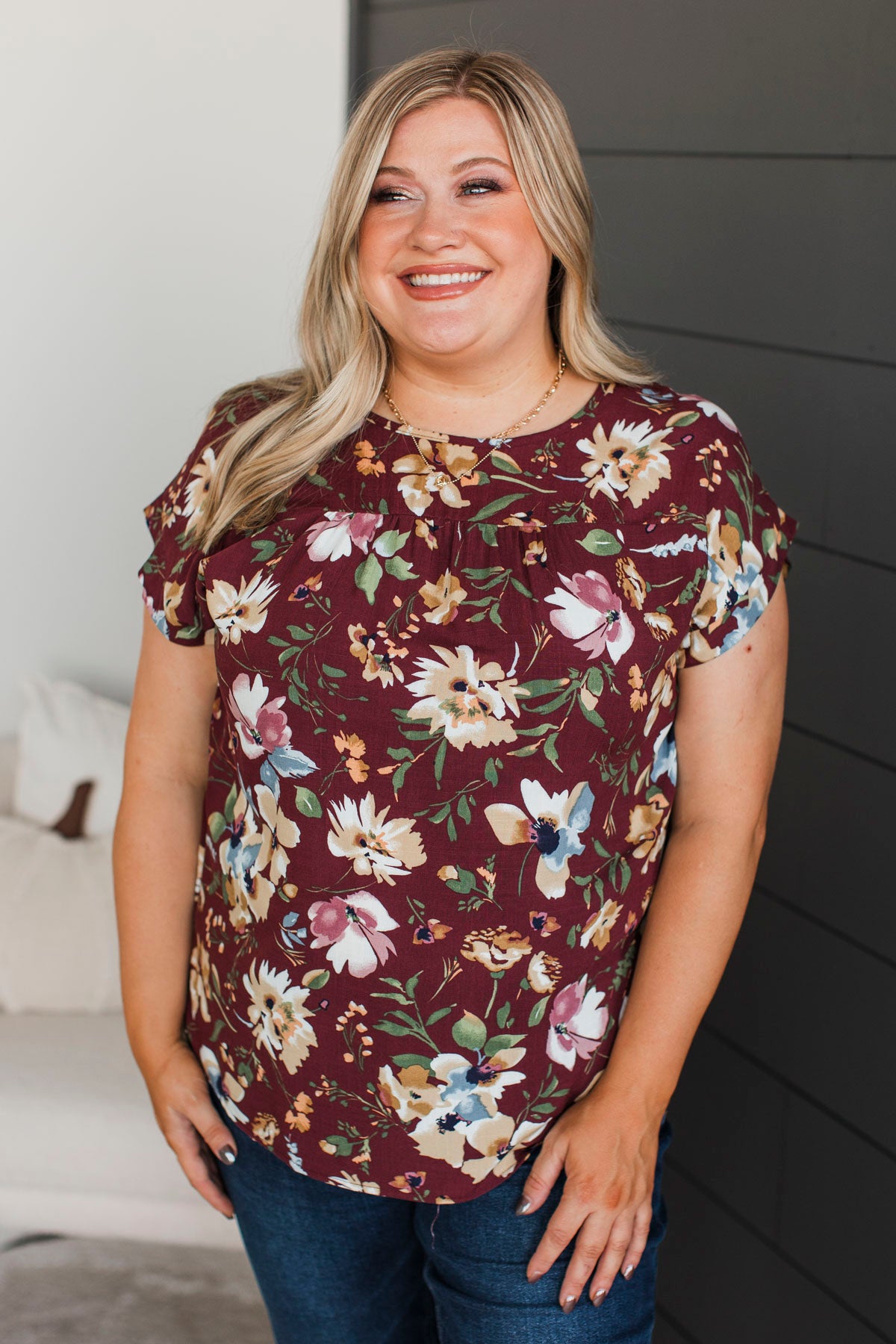 Simply Precious Floral Print Top- Burgundy