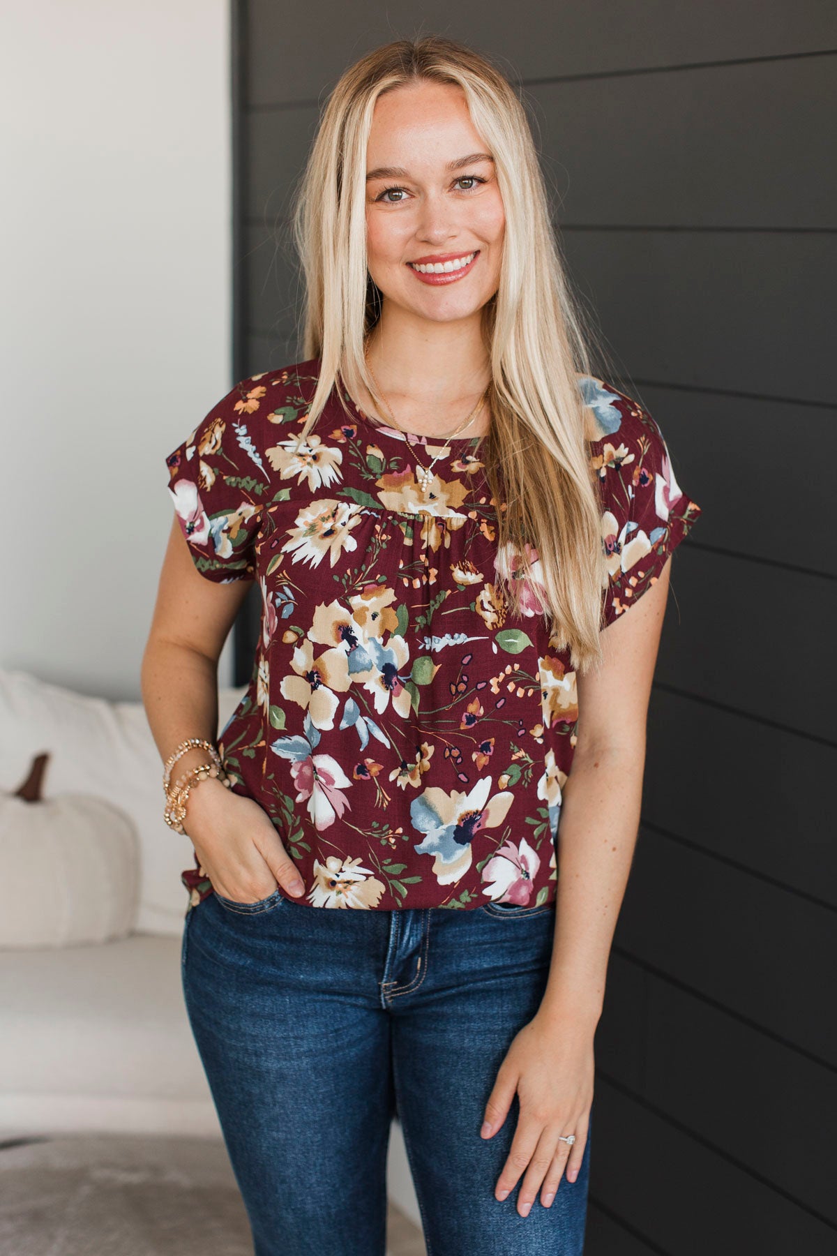 Simply Precious Floral Print Top- Burgundy