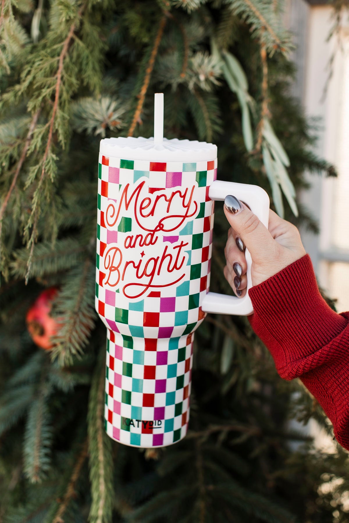 Katydid "Merry and Bright" Checkered Travel Tumbler