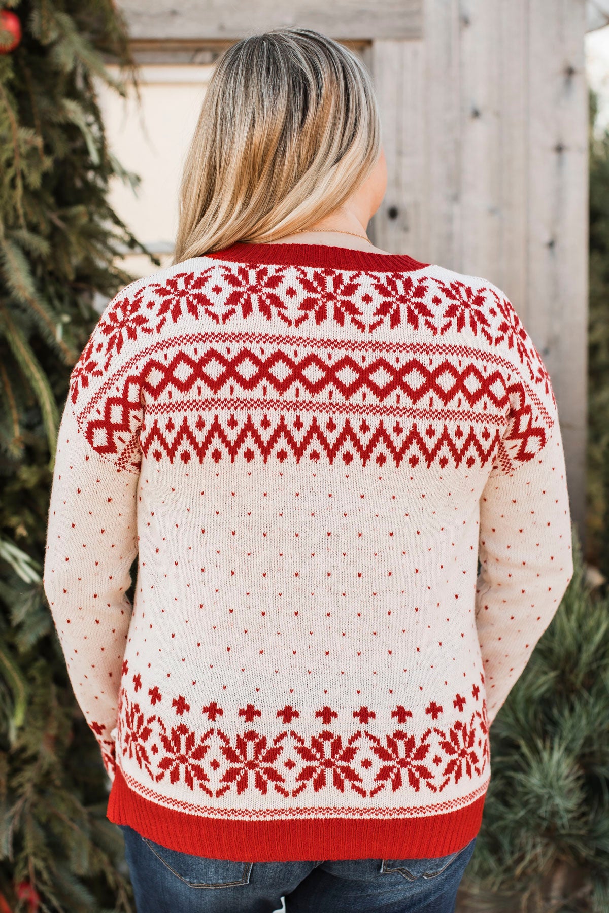 When Snow Falls Knit Sweater- Ivory & Red