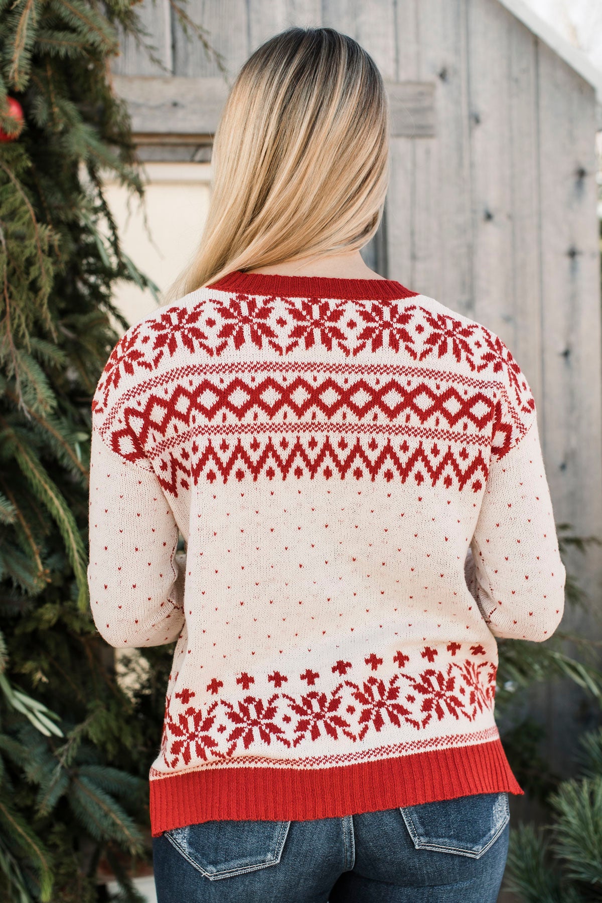 When Snow Falls Knit Sweater- Ivory & Red