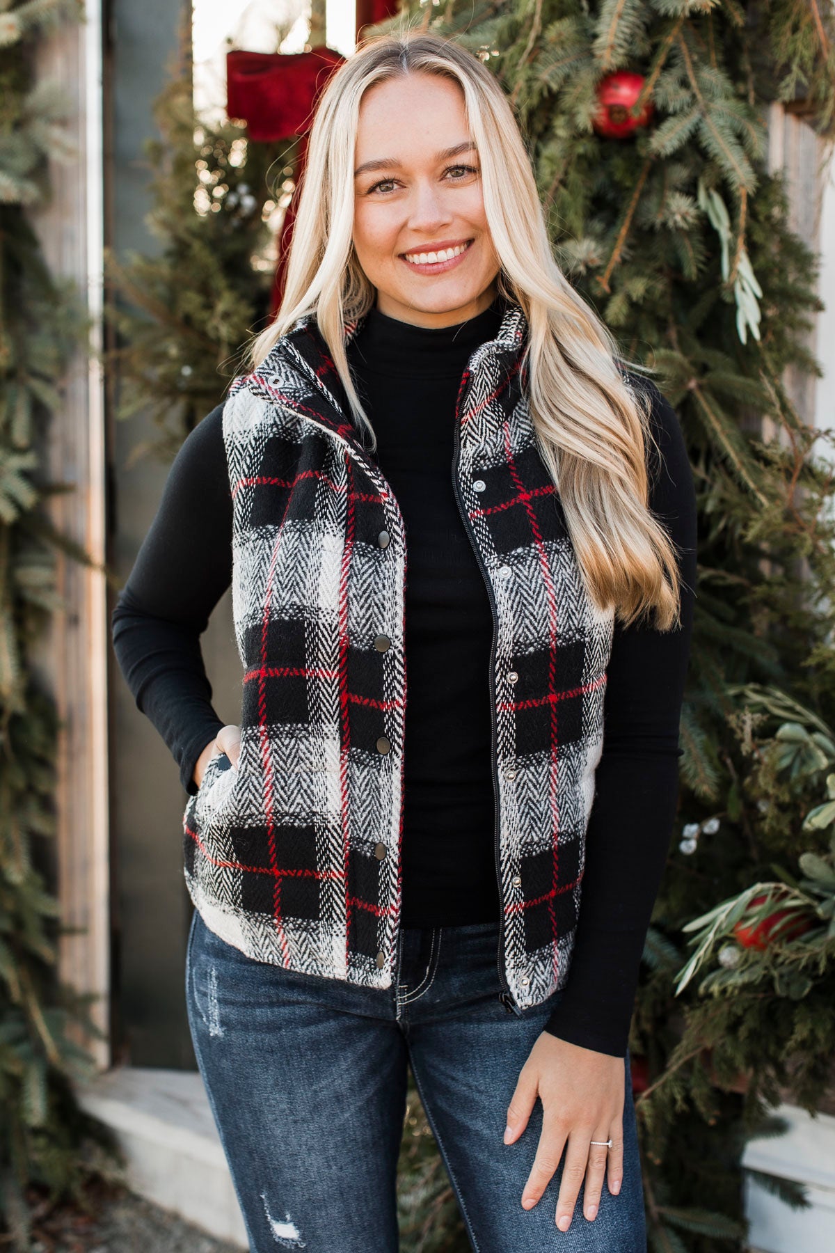 For You Always Plaid Puffer Vest- Black & Red