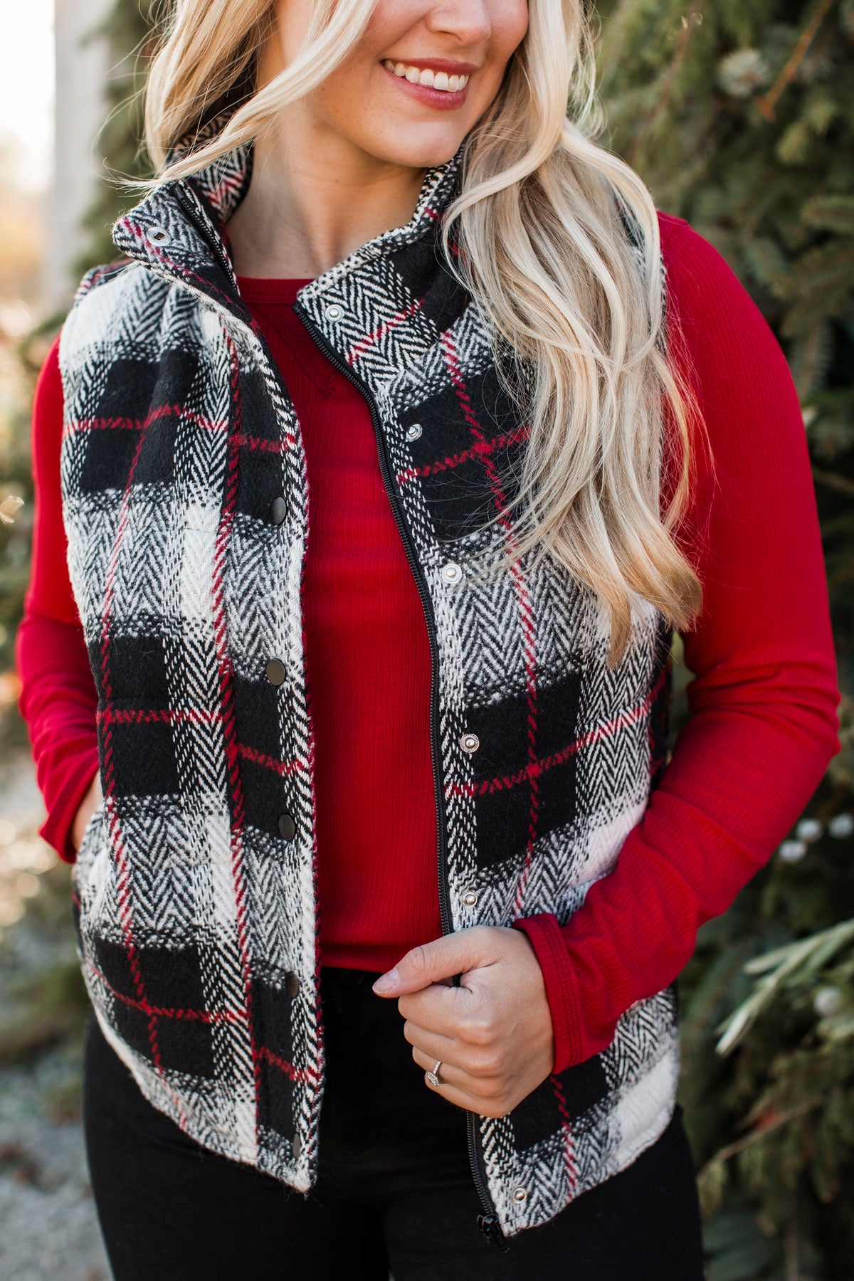 For You Always Plaid Puffer Vest- Black & Red