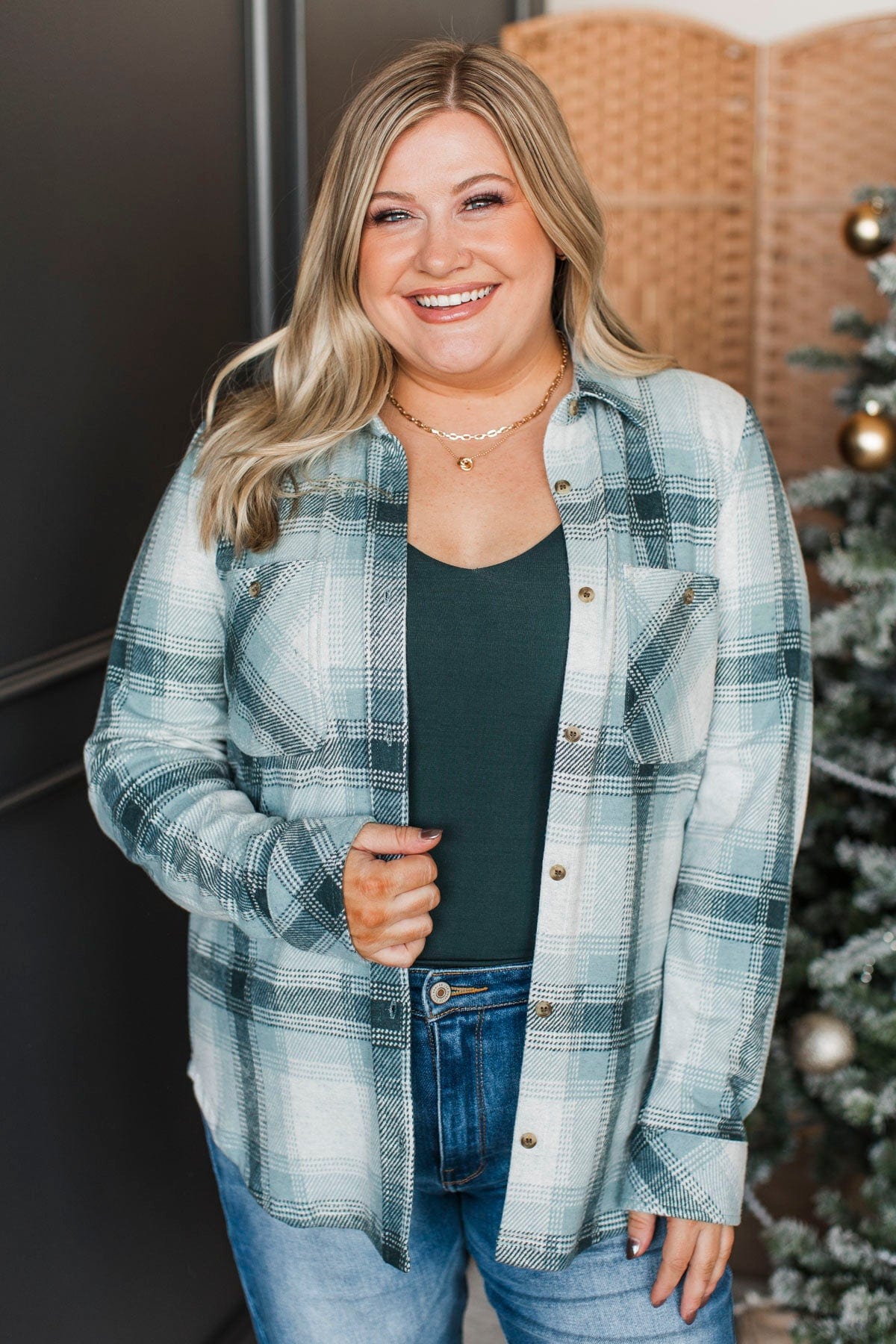 Thread & Supply Free Falling Plaid Shirt Jacket- Cream & Teal