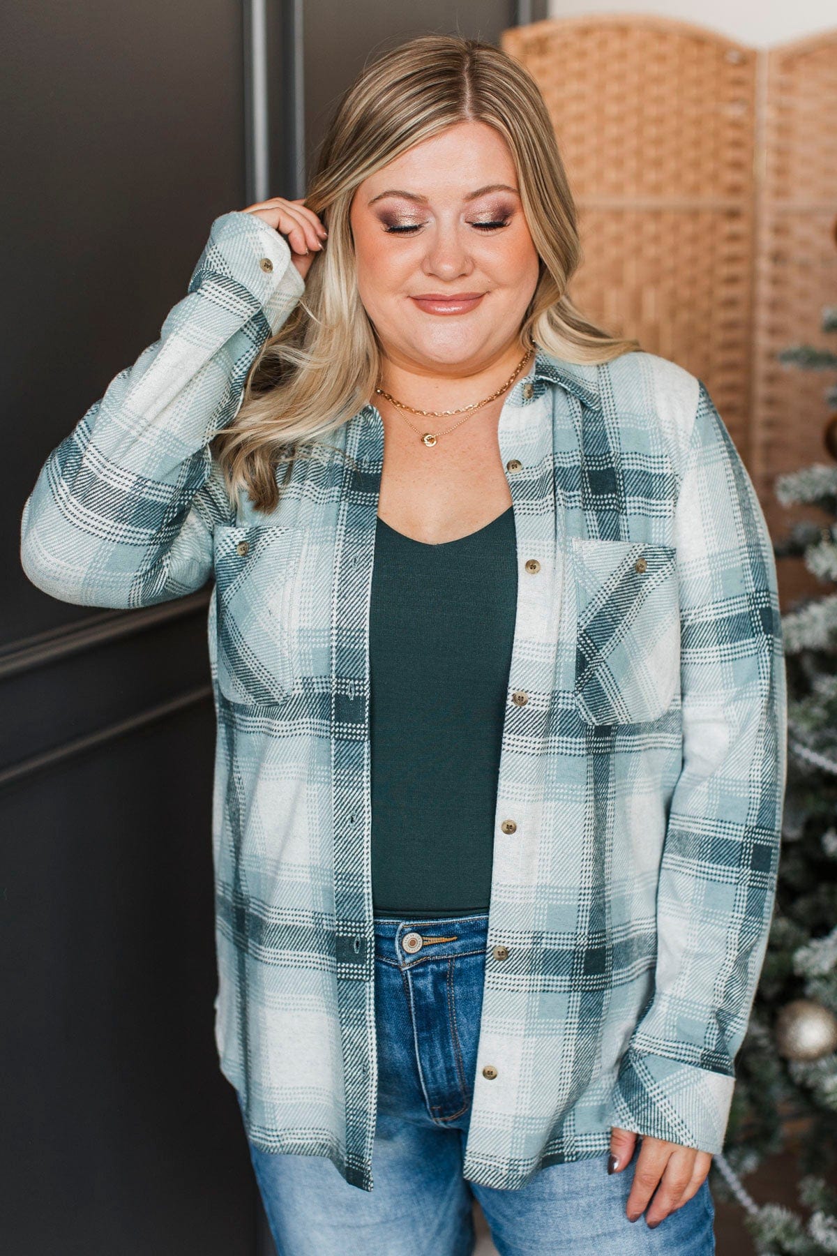 Thread & Supply Free Falling Plaid Shirt Jacket- Cream & Teal