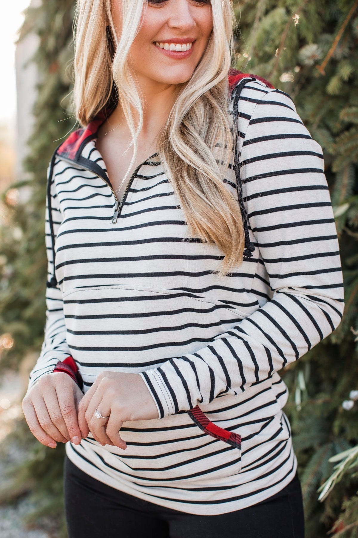 Easy To Love Quarter Zip Hoodie- Oatmeal & Buffalo Plaid