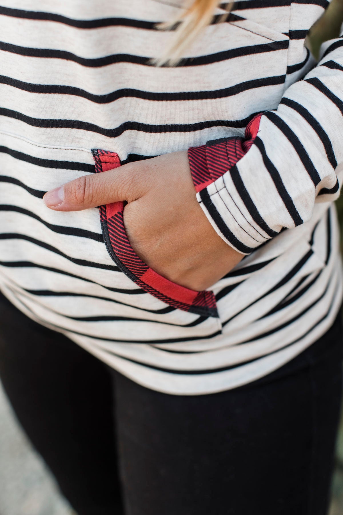 Easy To Love Quarter Zip Hoodie- Oatmeal & Buffalo Plaid