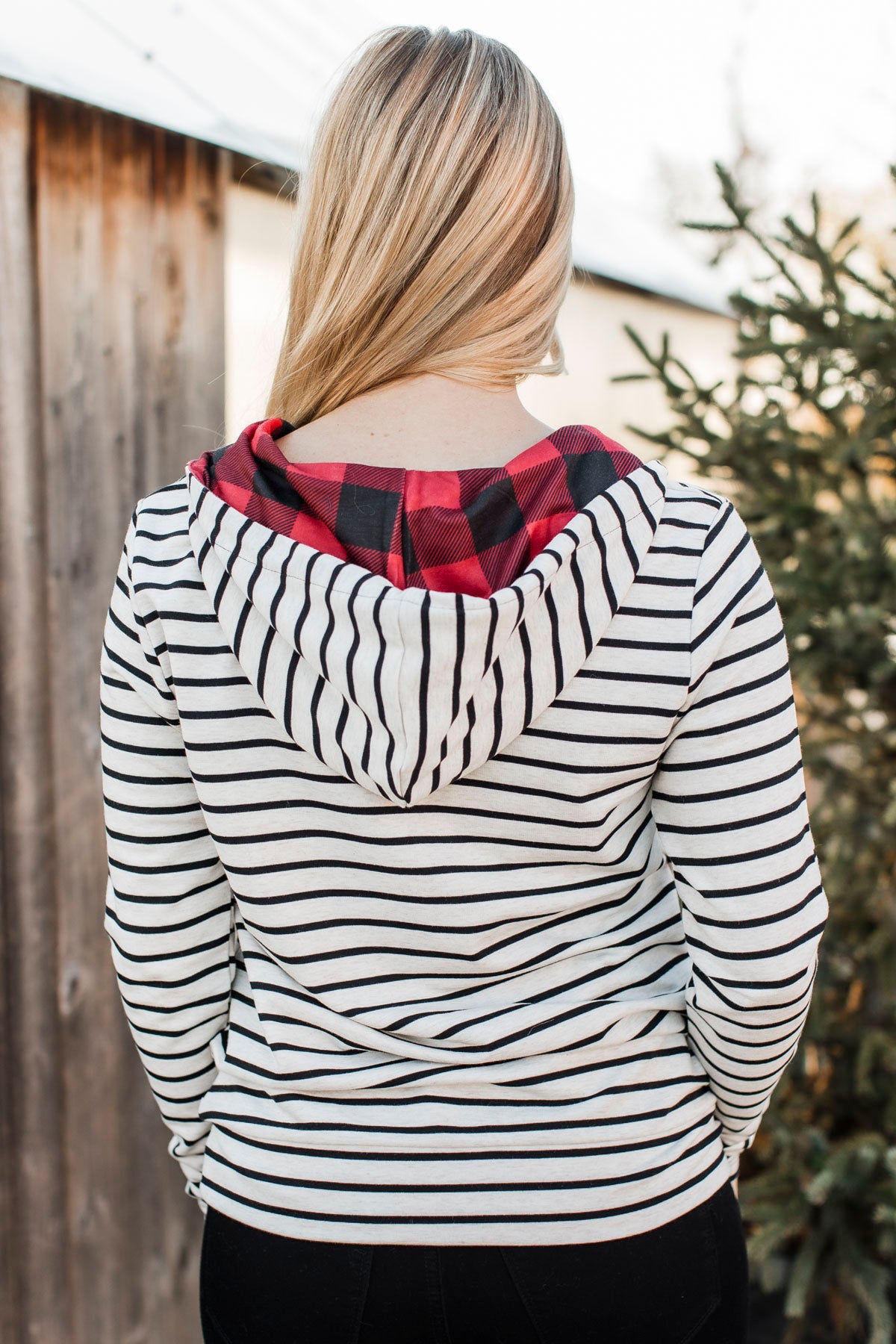 Easy To Love Quarter Zip Hoodie- Oatmeal & Buffalo Plaid