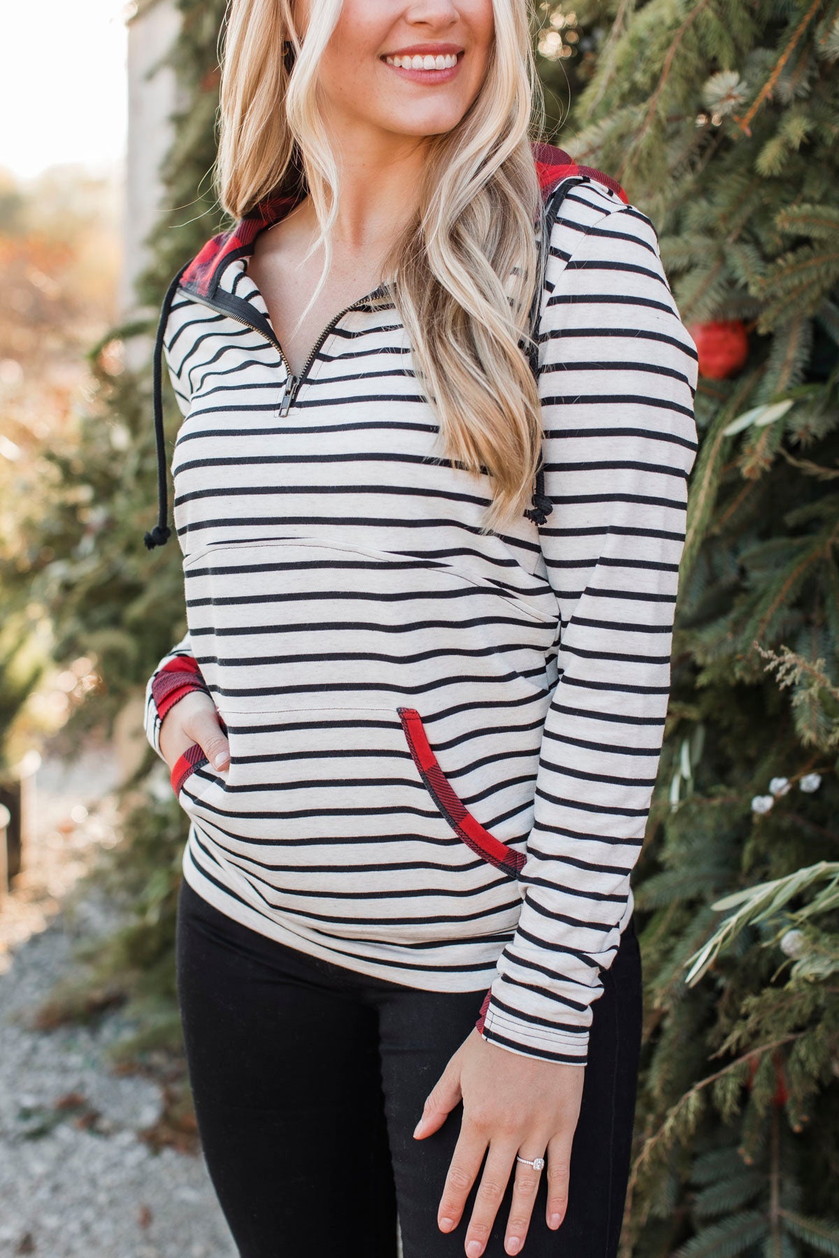 Easy To Love Quarter Zip Hoodie- Oatmeal & Buffalo Plaid