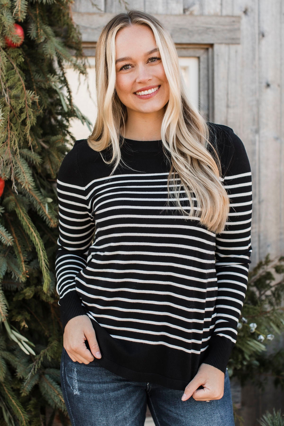 Voice My Love Striped Lightweight Sweater- Black