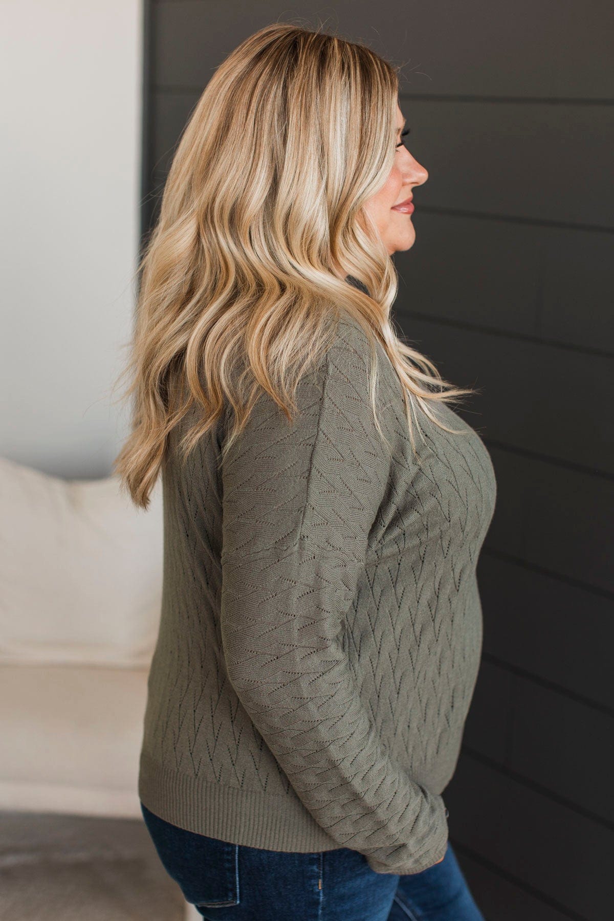 Take Your Word Pointelle Knit Sweater- Dusty Olive